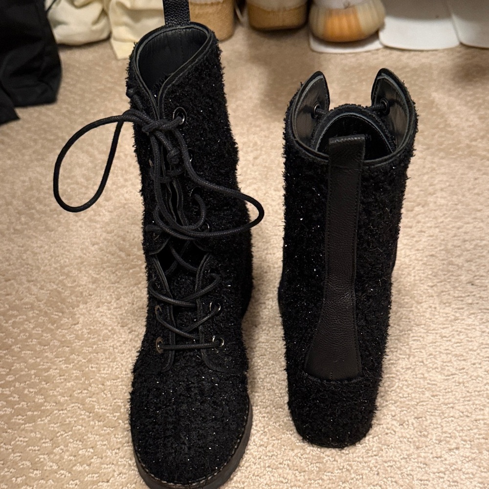 Stuart Weitzman tweed Black Lace Up Boots